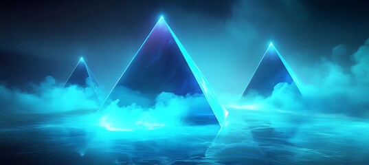 A Neon Blue Backdrop with Glowing Pyramids Emerging from a Mysterious Ocean in an Abstract Fantasy Background