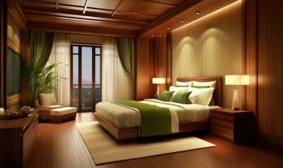 Bedroom or hotel room interior design. Wood, green color and calm mood