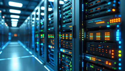 Data Center and Server Room Close View, High-Tech Infrastructure, Network Storage, Cloud Computing Environment