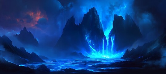 Fototapeta premium Ethereal Backdrop of Neon Blue Rivers Illuminating a Dark Valley Beneath a Mesmerizing Background of Glowing Skies