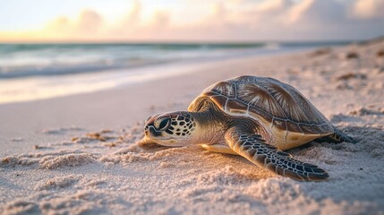 A turtle slowly making its way across a sandy beach, with a textured shell and calm expression, on a white isolated background