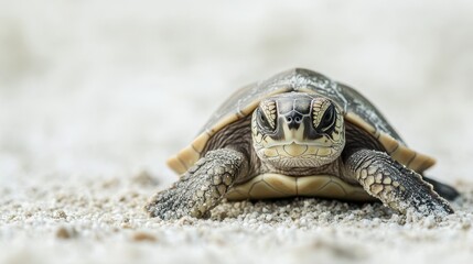 Obraz premium A turtle slowly making its way across a sandy beach, with a textured shell and calm expression, on a white isolated background