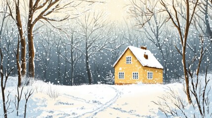 Naklejka premium Serene Winter Landscape with Snowy Cabin and Golden Sky, Winter landscape, snowy forest, wooden cabin, golden sky, bare trees, winding path.