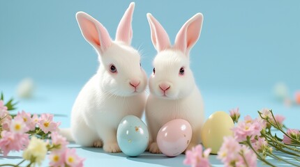 Fototapeta premium Adorable white rabbits with Easter eggs and flowers on blue background. 