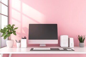 Fototapeta premium Pink Workspace Bliss: A Modern Minimalist Setup