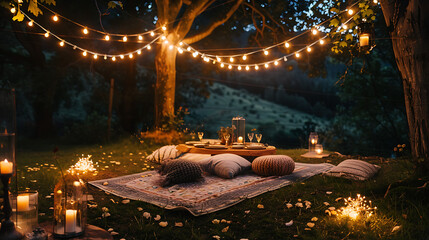 Obraz premium A romantic picnic-style wedding reception with cozy seating and string lights