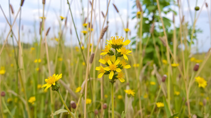 Fototapeta premium Jacobaea vulgaris or Senecio jacobaea yellow filed in Volgograd region, Russia Beatiful landscapes ragwort or common ragwort or stinking willie or tansy ragwort or benweed. Bolsoi liman