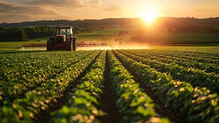 Obraz premium Sunrise over a vibrant farm field with a tractor working during early morning hours