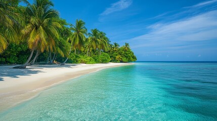 Fototapeta premium Tropical beach with white sand and clear turquoise water under a bright blue sky surrounded by palm trees