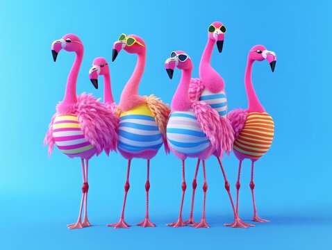 group of funny pink flamingos in striped swimming suits posing against blue background. Surreal summer vacation and leisure concept