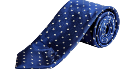 Elegant blue tie with white dots rolled up on transparent background