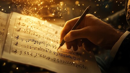 Hand writing musical notes on a sheet of paper under warm lighting. Sparkling particles float in the air, creating an artistic and inspiring atmosphere. Generative by AI