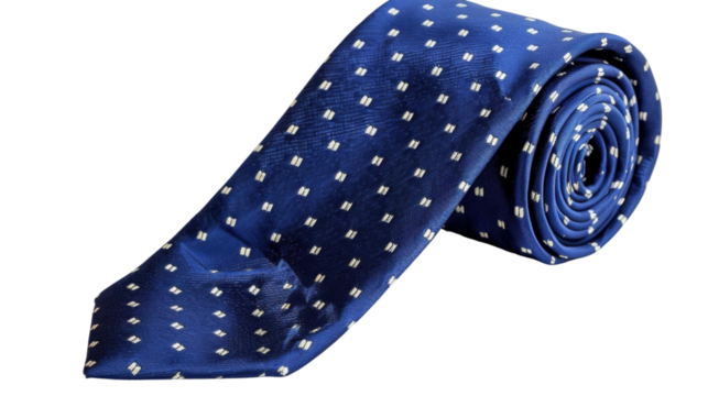 Elegant blue tie with white dots rolled up on transparent background