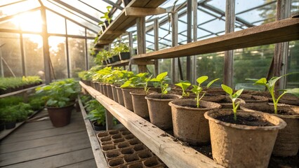 A sunlit greenhouse interior with rows of potted seedlings on wooden shelves.