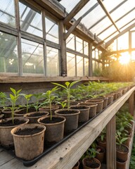 A sunlit greenhouse interior with rows of potted seedlings on wooden shelves.