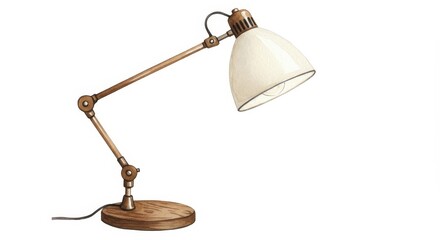 A Stylish Wooden Desk Lamp for Workspace - Elegant desk lamp, adjustable arm, wooden base, illuminates workspace, modern design. Symbolizing: productivity, creativity, illumination, focus