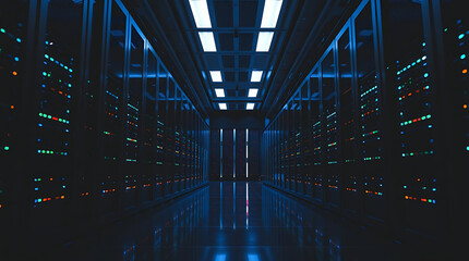 Fototapeta premium Data Center and Server Room Close View, High-Tech Infrastructure, Network Storage, Cloud Computing Environment