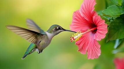 Naklejka premium Generic Hummingbird Sipping Overview Hibiscus Nectar