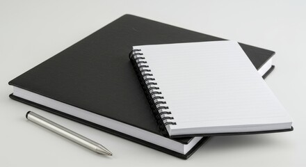 Blank Notebook and Pen on Desk - A clean, minimalist of a blank spiral notebook atop a larger black notebook, with a silver pen nearby. Perfect for education, business, or organization concepts