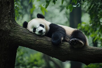Sleepy panda resting on tree branch in lush forest