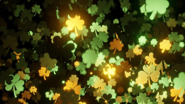 St Patrick&rsquo;s Day Shiny Gold and Green Rising Shamrocks Looped Animation