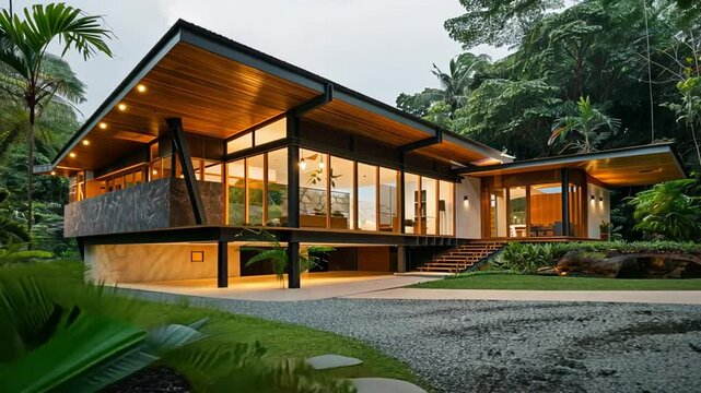 Moderne Holzh&uuml;tte mit Glasfront und Waldlandschaft