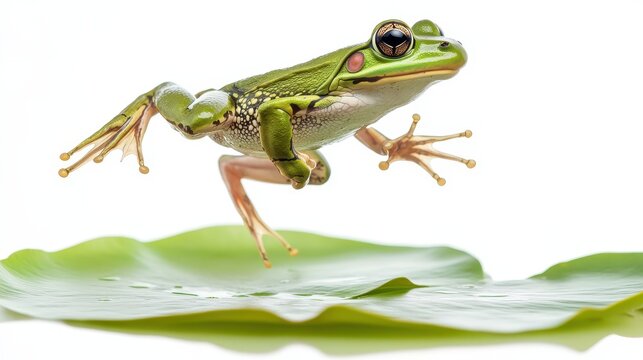 A frog leaping from one lily pad to another, with its legs stretched out, on a white isolated background
