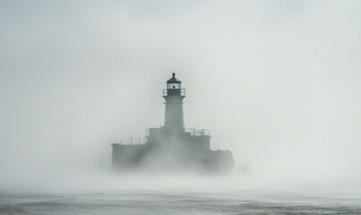 Coastal lighthouse guiding ships through dense fog
