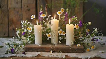A rustic wedding table centerpiece featuring wildflowers and candles 