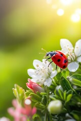 Obraz premium Beautiful cute ladybug with flower in Spring.