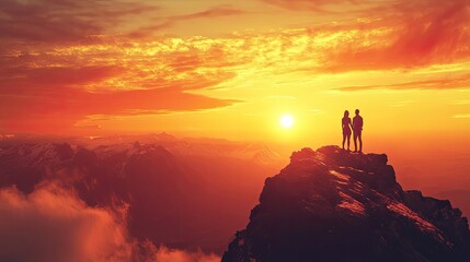 Fototapeta premium Silhouetted couple standing on a mountain peak during a vibrant sunset with vivid colors in the sky. Generative AI