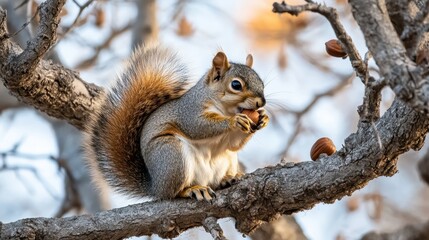Fototapeta premium A squirrel with its fluffy tail perched on a tree branch, nibbling on a nut, on a white isolated background