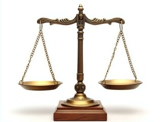 Vintage Brass Balance Scale on White Background - Symmetrical and Ornate Justice Weighing Instrument for Legal Concept Visuals