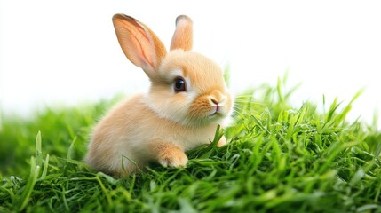 Fototapeta premium A baby rabbit sitting in a grassy meadow, with its big ears standing tall, on a white isolated background