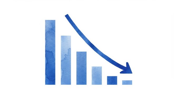 Downward Trend Bar Graph Illustration - A watercolor bar graph visually represents a declining trend, symbolizing decrease, reduction, loss, downturn, and decline