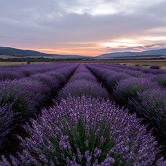 Naklejka premium Sunrise Lavender Field Rows, Hilly Landscape, Peaceful Sunset