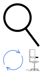 Magnifying glass emphasizing focus, circular arrow symbolizing cycles, and office chair indicating workplace setting. Ideal for innovation, improvement, productivity, analysis, focus, research