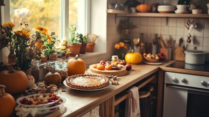 Fototapeta premium Rustic kitchen with a pumpkin pie and baking ingredients on a wooden table, illuminated by warm light. Generative AI