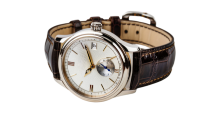 Luxury wristwatch with brown leather strap on transparent background