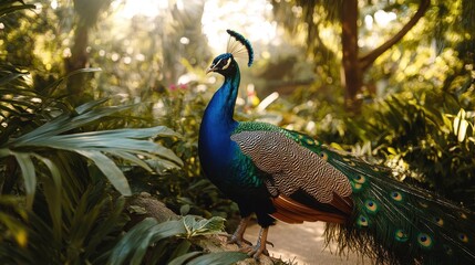 Obraz premium A peacock walking through a tropical garden, with its iridescent feathers shimmering, on a white isolated background
