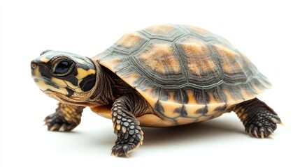 A baby turtle crawling across the sandy beach toward the ocean, on a white isolated background