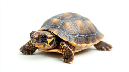 Fototapeta premium A baby turtle crawling across the sandy beach toward the ocean, on a white isolated background