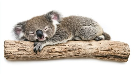 Naklejka premium A baby koala sleeping soundly on a eucalyptus tree, on a white isolated background