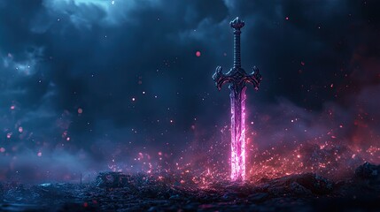 Enormous flaming sword embedded in a volcanic landscape surrounded by glowing lava and stormy skies. Generative AI