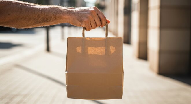 Hand Holding Takeout Food Bag on City Street - A hand holds a brown paper takeout bag outdoors. Symbolizing convenience, food delivery, urban life, quick meals, and portability