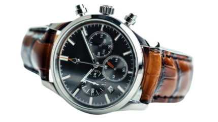 Luxury chronograph watch with brown leather strap on transparent background
