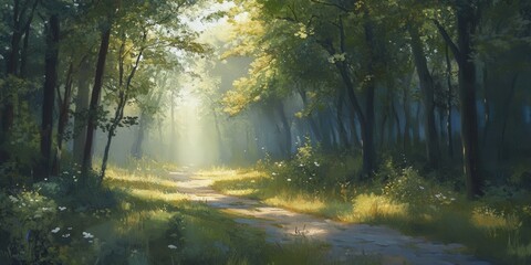 Fototapeta premium Enchanting Forest Pathway, Sunlight Streaks Through Verdant Canopy