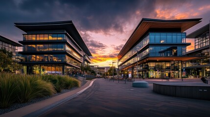 Fototapeta premium Sunset Over Modern Architecture: A Stunning View of Contemporary Buildings at Dusk