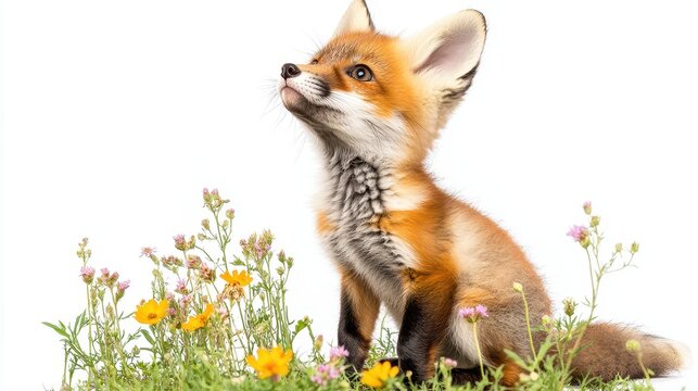 A baby fox sitting in a patch of wildflowers, looking up with wide eyes, on a white isolated background