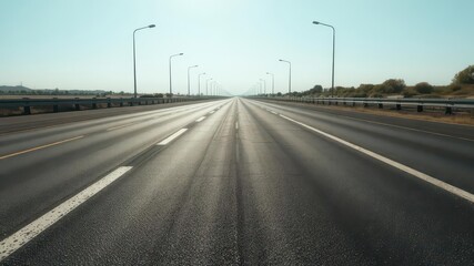 Dark asphalt highway with faded lane markings, sun glare, directional, sunlight